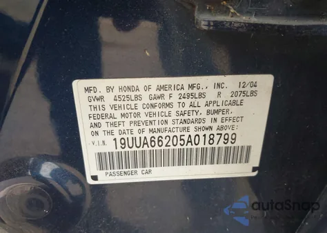 2005 Acura Tl из США, поврежденный, VIN 19UUA66205A018799